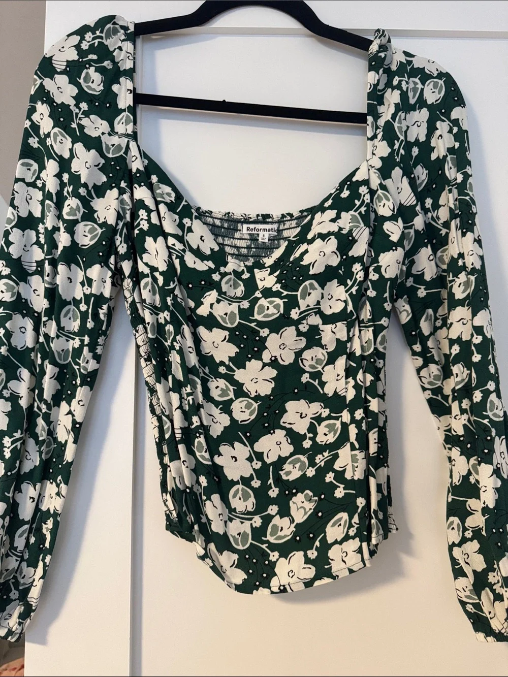 Reformation Forest Green and White Floral Square-Neck Blouse